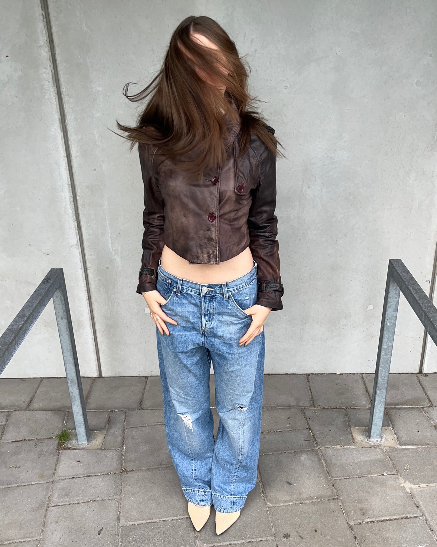 Vintage brown cropped leather jacket☆ size M